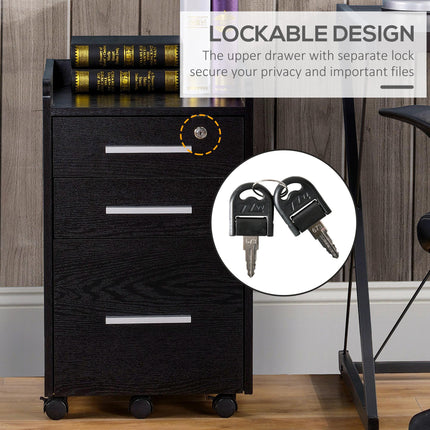 Three-Drawer Lockable Filing Cabinet with Wheels and Wood-Effect Finish - Black