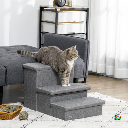 3-Step Cat and Dog Stairs with Storage Boxes for Bed and Sofa - Light Grey