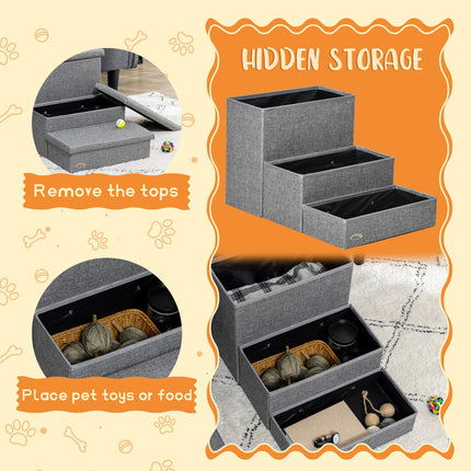 3-Step Cat and Dog Stairs with Storage Boxes for Bed and Sofa - Light Grey