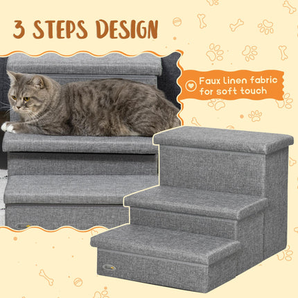 3-Step Cat and Dog Stairs with Storage Boxes for Bed and Sofa - Light Grey