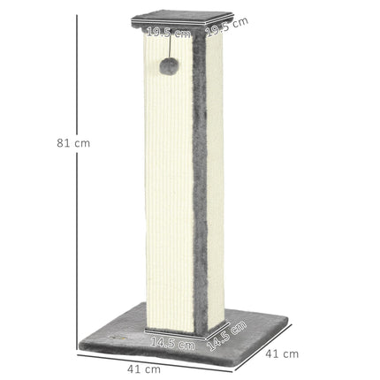81cm Vertical Cat Scratcher with Sisal Rope, Hanging Ball & Plush Base - Grey