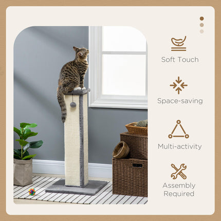 81cm Vertical Cat Scratcher with Sisal Rope, Hanging Ball & Plush Base - Grey