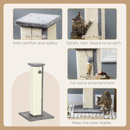 81cm Vertical Cat Scratcher with Sisal Rope, Hanging Ball & Plush Base - Grey