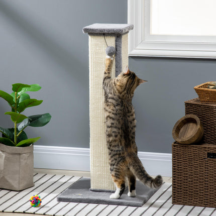 81cm Vertical Cat Scratcher with Sisal Rope, Hanging Ball & Plush Base - Grey