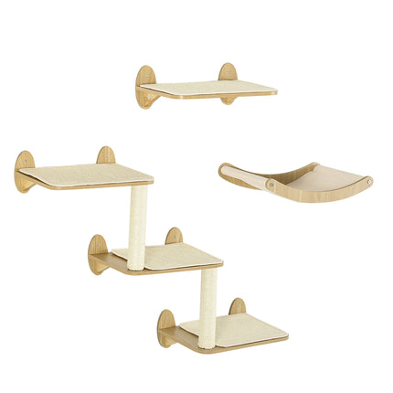 3PC Wall Mounted Cat Climbing Shelves with Hammock and Scratching Post - Oak