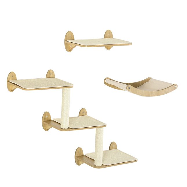 3PC Wall Mounted Cat Climbing Shelves with Hammock and Scratching Post - Oak