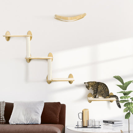 3PC Wall Mounted Cat Climbing Shelves with Hammock and Scratching Post - Oak