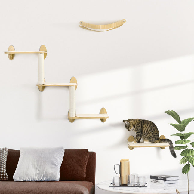 3PC Wall Mounted Cat Climbing Shelves with Hammock and Scratching Post - Oak