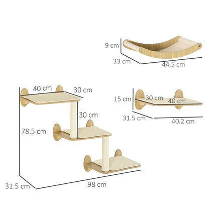 3PC Wall Mounted Cat Climbing Shelves with Hammock and Scratching Post - Oak