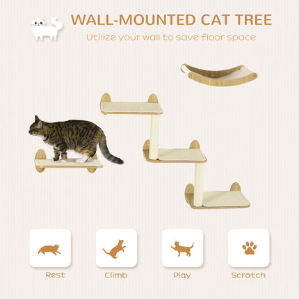 3PC Wall Mounted Cat Climbing Shelves with Hammock and Scratching Post - Oak
