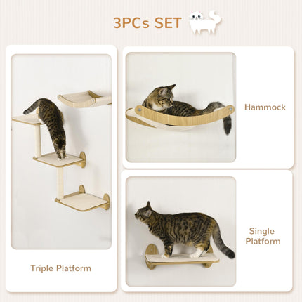 3PC Wall Mounted Cat Climbing Shelves with Hammock and Scratching Post - Oak