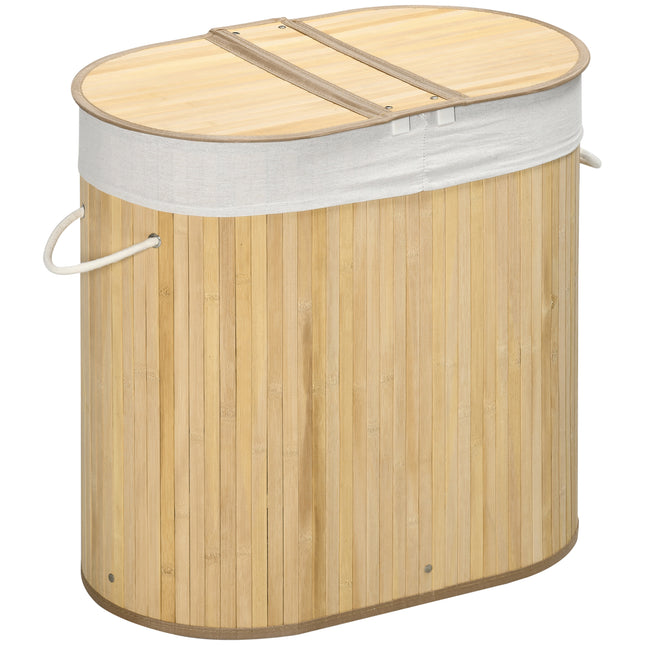 Bamboo Laundry Basket with Lid 100L Dual Section Hamper with Removable Washable Lining - Natural