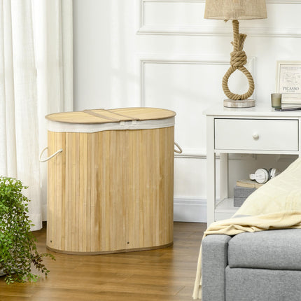 Bamboo Laundry Basket with Lid 100L Dual Section Hamper with Removable Washable Lining - Natural
