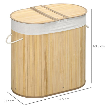 Bamboo Laundry Basket with Lid 100L Dual Section Hamper with Removable Washable Lining - Natural