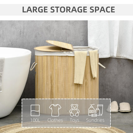 Bamboo Laundry Basket with Lid 100L Dual Section Hamper with Removable Washable Lining - Natural