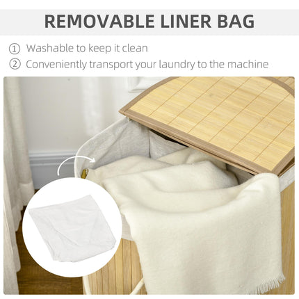 Bamboo Laundry Basket with Lid 100L Dual Section Hamper with Removable Washable Lining - Natural
