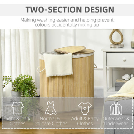 Bamboo Laundry Basket with Lid 100L Dual Section Hamper with Removable Washable Lining - Natural