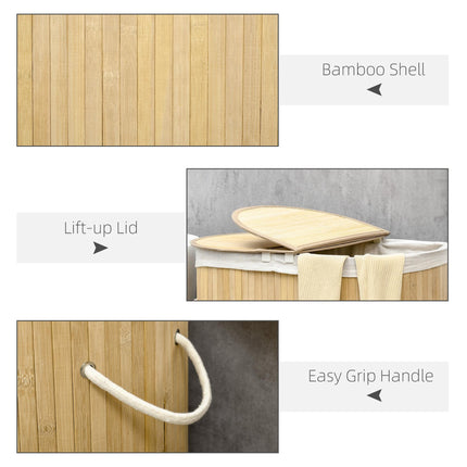 Bamboo Laundry Basket with Lid 100L Dual Section Hamper with Removable Washable Lining - Natural