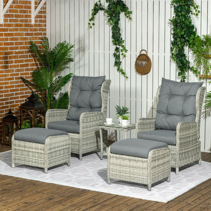 5-Piece PE Rattan Outdoor Sun Lounger Set with Reclining Chairs, Footstools & Glass Top Table - Mixed Grey