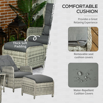 5-Piece PE Rattan Outdoor Sun Lounger Set with Reclining Chairs, Footstools & Glass Top Table - Mixed Grey