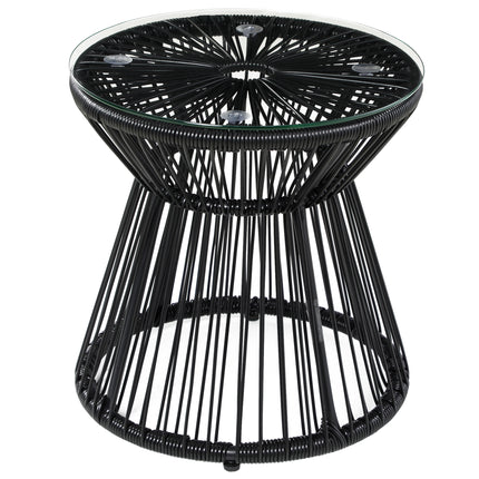 Round Rattan Hollow Drum Side Table with Glass Top for Patio Garden Balcony - Black