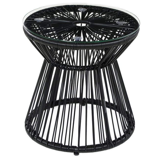 Round Rattan Hollow Drum Side Table with Glass Top for Patio Garden Balcony - Black