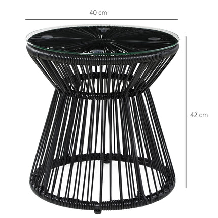 Round Rattan Hollow Drum Side Table with Glass Top for Patio Garden Balcony - Black