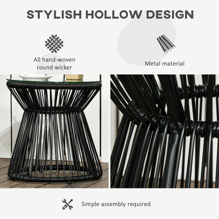 Round Rattan Hollow Drum Side Table with Glass Top for Patio Garden Balcony - Black