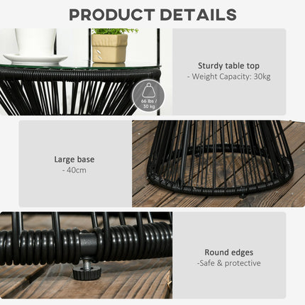 Round Rattan Hollow Drum Side Table with Glass Top for Patio Garden Balcony - Black