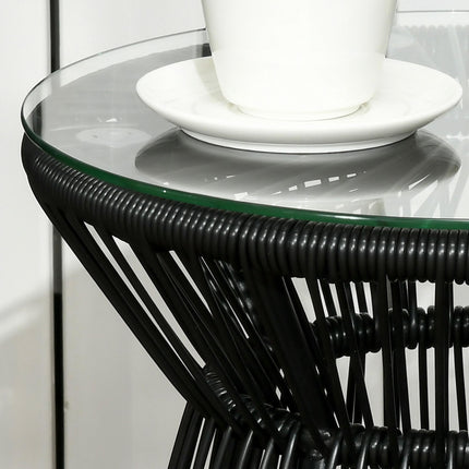 Round Rattan Hollow Drum Side Table with Glass Top for Patio Garden Balcony - Black