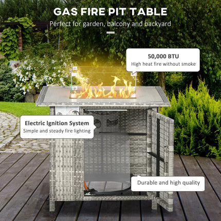 Outdoor PE Rattan Gas Fire Pit Table with Rain Cover - Grey