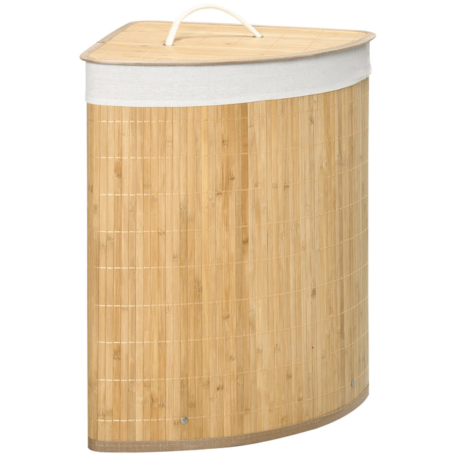 Bamboo Laundry Basket with Lid 55L Removable Washable Lining Corner Hamper - Natural