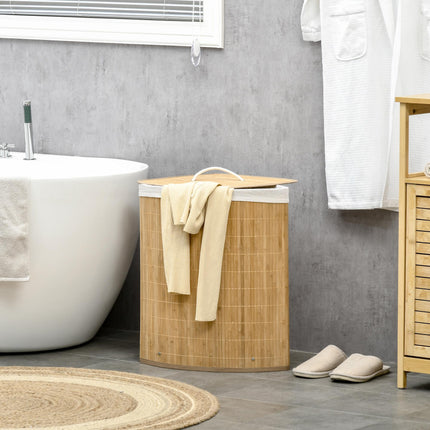 Bamboo Laundry Basket with Lid 55L Removable Washable Lining Corner Hamper - Natural