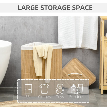 Bamboo Laundry Basket with Lid 55L Removable Washable Lining Corner Hamper - Natural