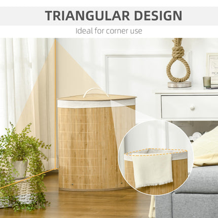 Bamboo Laundry Basket with Lid 55L Removable Washable Lining Corner Hamper - Natural