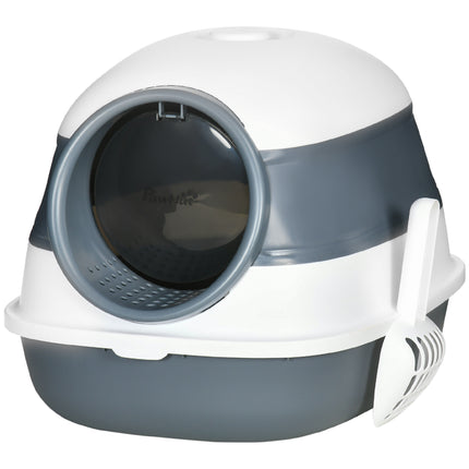 Hooded Cat Litter Tray with Lid, High Sides, Deodorant, Two-Way Entrance & Scoop Included - White Grey