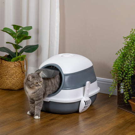 Hooded Cat Litter Tray with Lid, High Sides, Deodorant, Two-Way Entrance & Scoop Included - White Grey