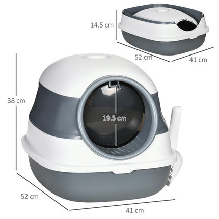 Hooded Cat Litter Tray with Lid, High Sides, Deodorant, Two-Way Entrance & Scoop Included - White Grey