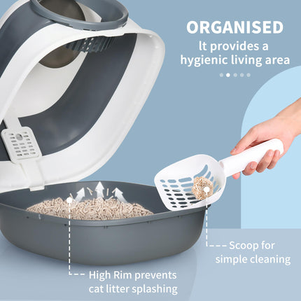 Hooded Cat Litter Tray with Lid, High Sides, Deodorant, Two-Way Entrance & Scoop Included - White Grey