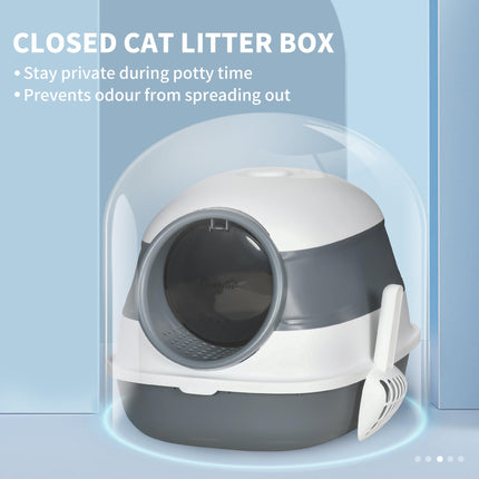 Hooded Cat Litter Tray with Lid, High Sides, Deodorant, Two-Way Entrance & Scoop Included - White Grey