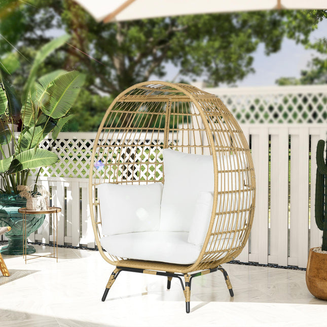 1 Seater PE Rattan Outdoor Egg Chair with Padded Cushions - Khaki