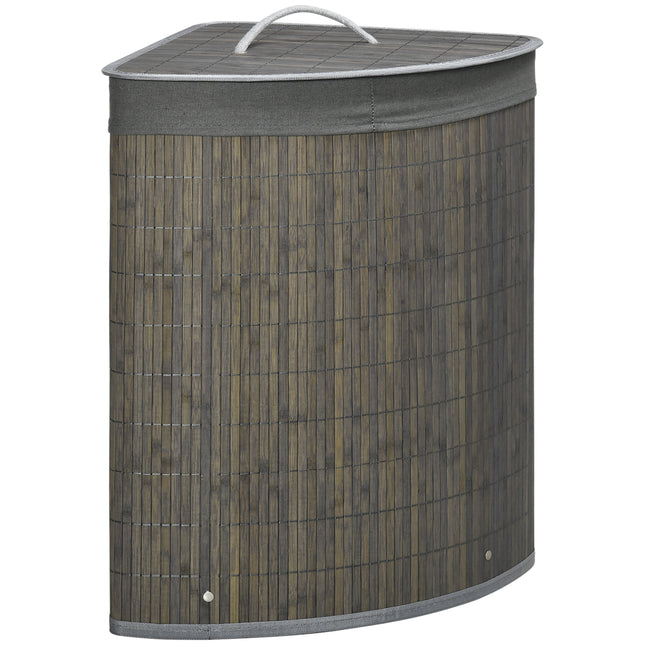 Bamboo Laundry Basket with Lid 55L Corner Hamper with Removable Washable Lining - Grey