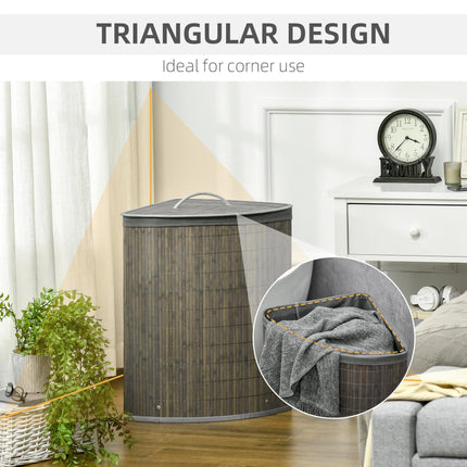 Bamboo Laundry Basket with Lid 55L Corner Hamper with Removable Washable Lining - Grey
