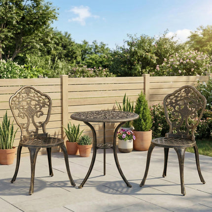 3 Piece Cast Aluminium Garden Bistro Set for 2 with Parasol Hole - Bronze