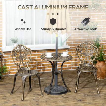 3 Piece Cast Aluminium Garden Bistro Set for 2 with Parasol Hole - Bronze