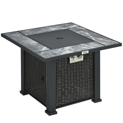 Outdoor PE Rattan Gas Fire Pit Table with Marble Top and Glass Windscreen - Black