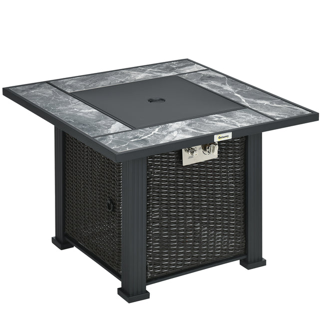 Outdoor PE Rattan Gas Fire Pit Table with Marble Top and Glass Windscreen - Black