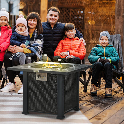 Outdoor PE Rattan Gas Fire Pit Table with Marble Top and Glass Windscreen - Black