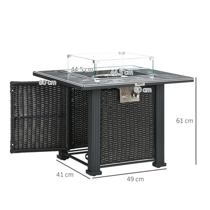 Outdoor PE Rattan Gas Fire Pit Table with Marble Top and Glass Windscreen - Black
