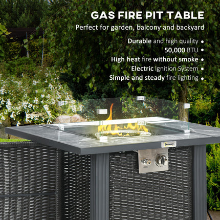 Outdoor PE Rattan Gas Fire Pit Table with Marble Top and Glass Windscreen - Black